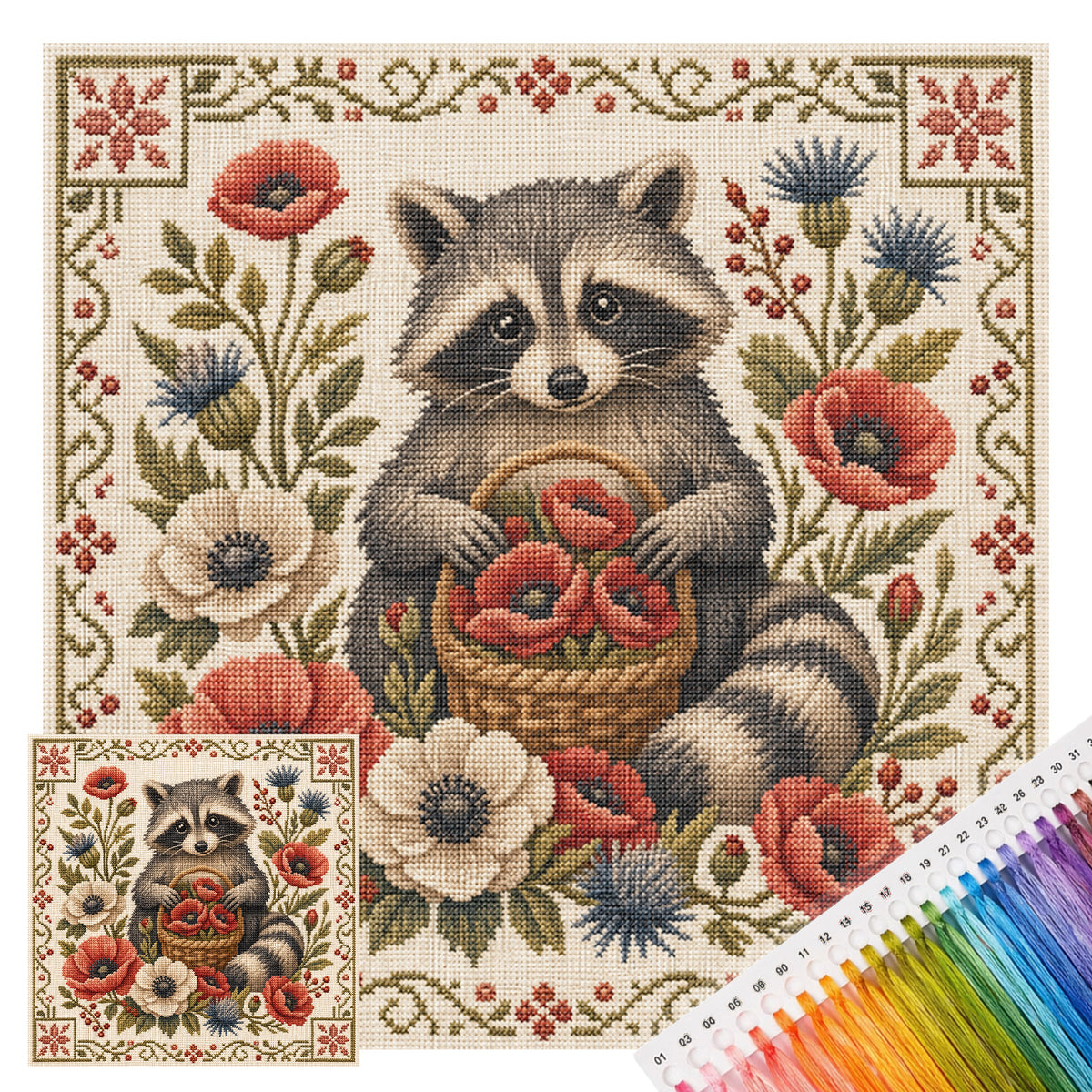 Flower Raccoon - Full 11CT Stamped Cross Stitch 45x45CM - Yishu