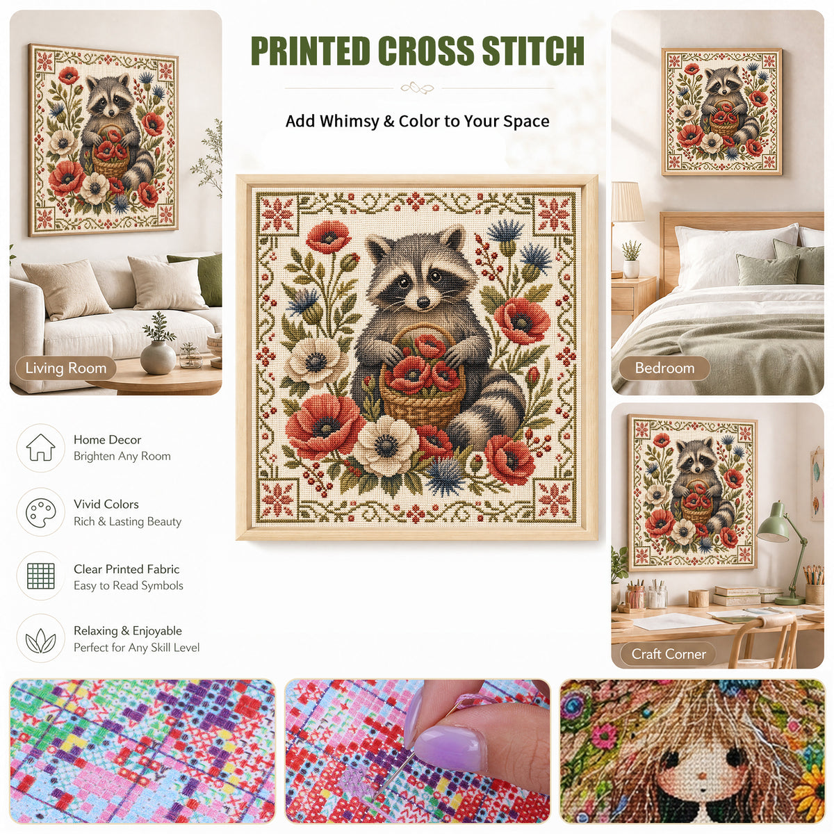 Flower Raccoon - Full 11CT Stamped Cross Stitch 45x45CM - Yishu