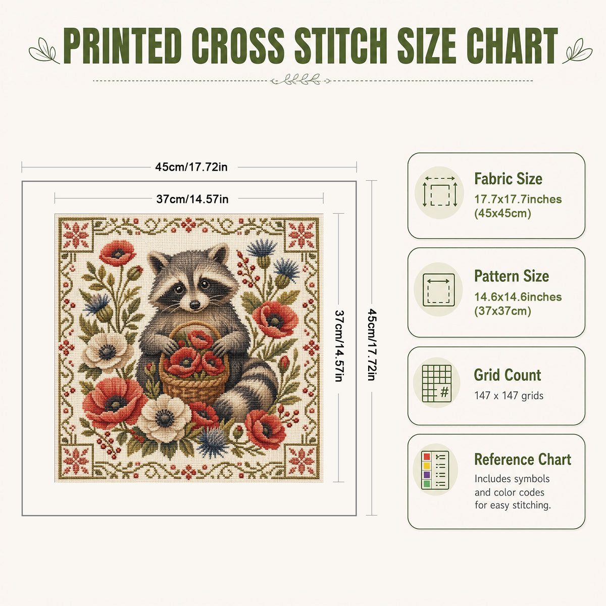 Flower Raccoon - Full 11CT Stamped Cross Stitch 45x45CM - Yishu