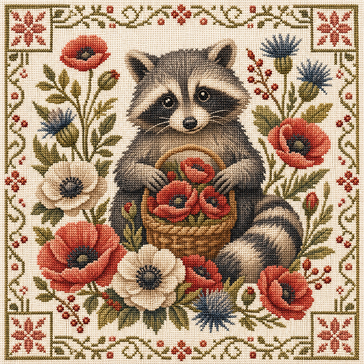 Flower Raccoon - Full 11CT Stamped Cross Stitch 45x45CM - Yishu