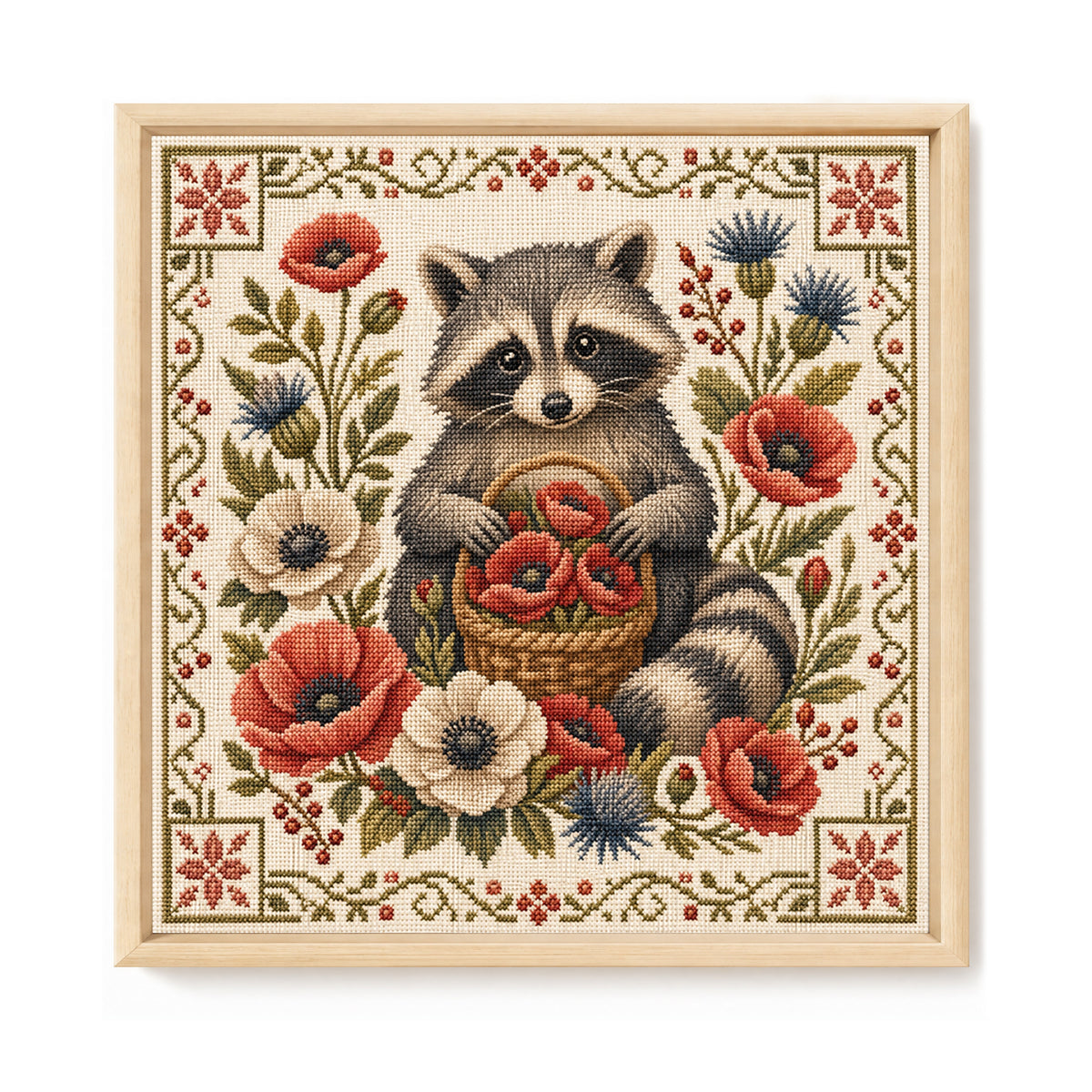 Flower Raccoon - Full 11CT Stamped Cross Stitch 45x45CM - Yishu