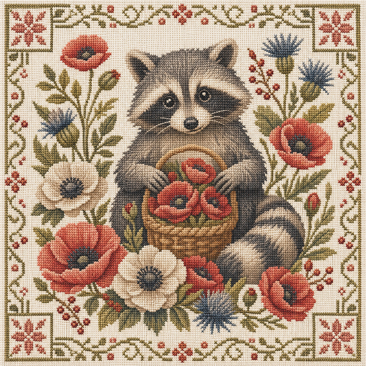 Flower Raccoon - Full 11CT Stamped Cross Stitch 45x45CM - Yishu