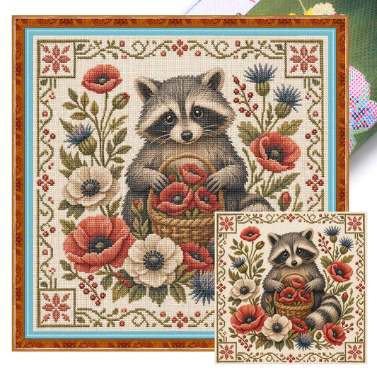 Flower Raccoon - Full 11CT Stamped Cross Stitch 45x45CM - Yishu