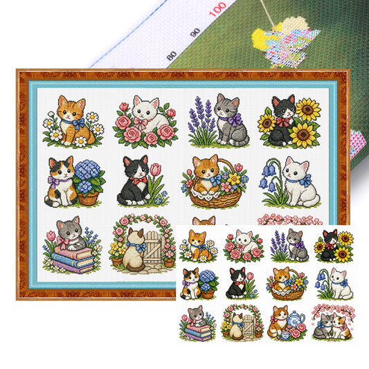Katze zwischen Blumen – Vollständiges 11CT Stanz-Kreuzstich-Set 60x40cm – Huacan