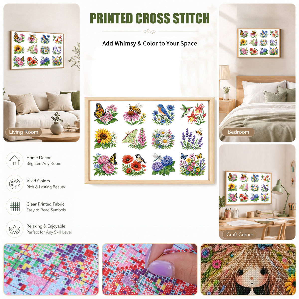Wild Blossom – Vollständiges 11CT Stempel-Kreuzstich-Set 60x40 cm – Huacan