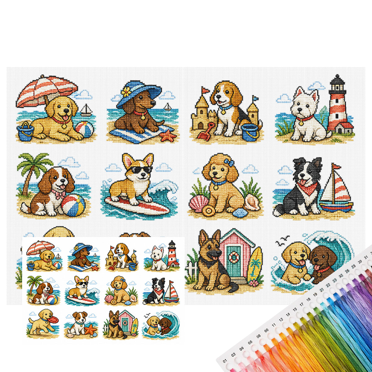 Strand-Welpe - Vollständiges 11CT gestempeltes Kreuzstich-Set 60x40cm - Huacan