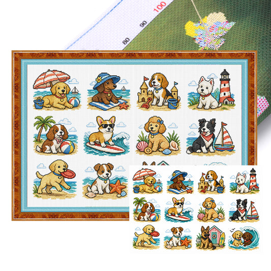 Strand-Welpe - Vollständiges 11CT gestempeltes Kreuzstich-Set 60x40cm - Huacan