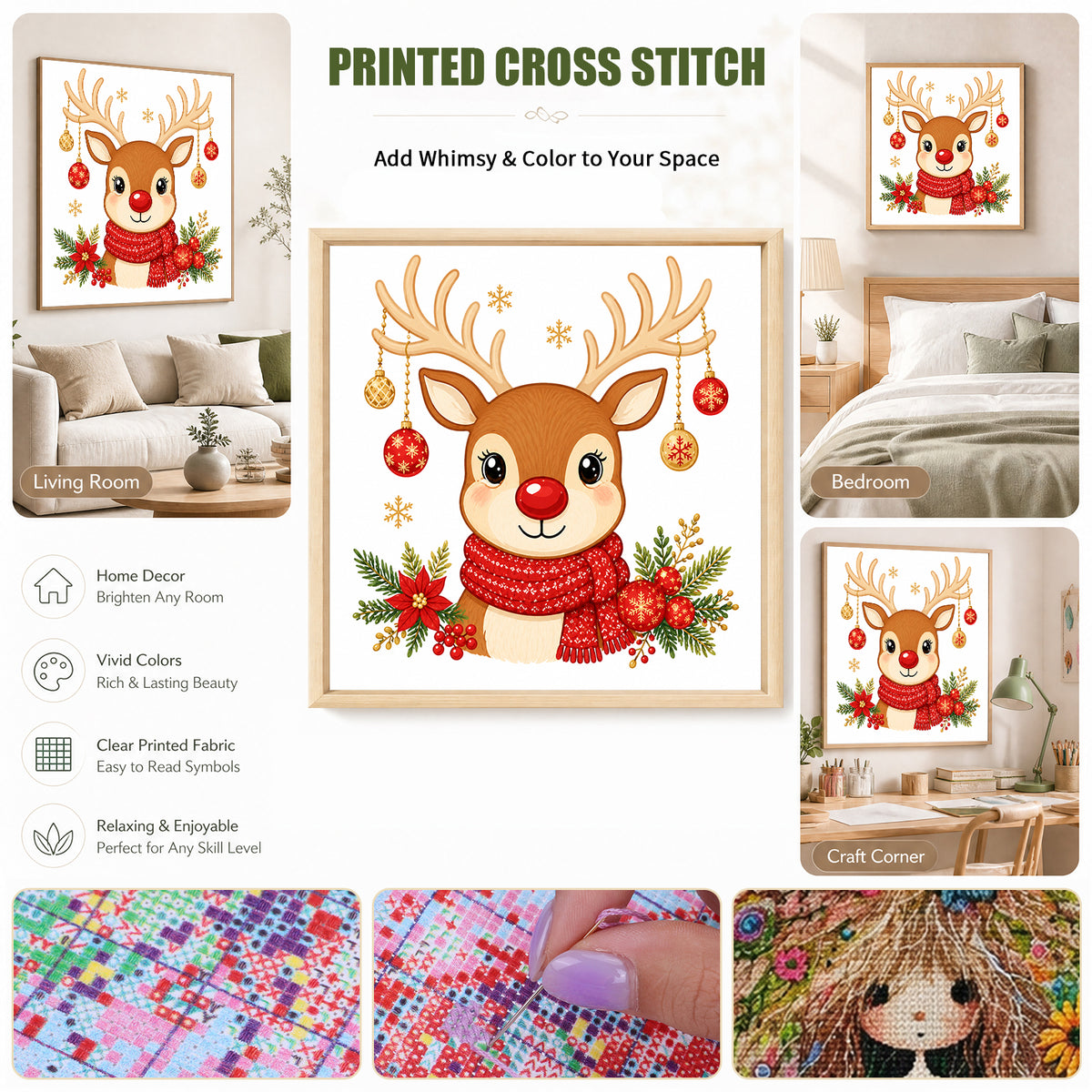 Cute Christmas Elk - Full 11CT Stamped Cross Stitch 40x40CM - Huacan