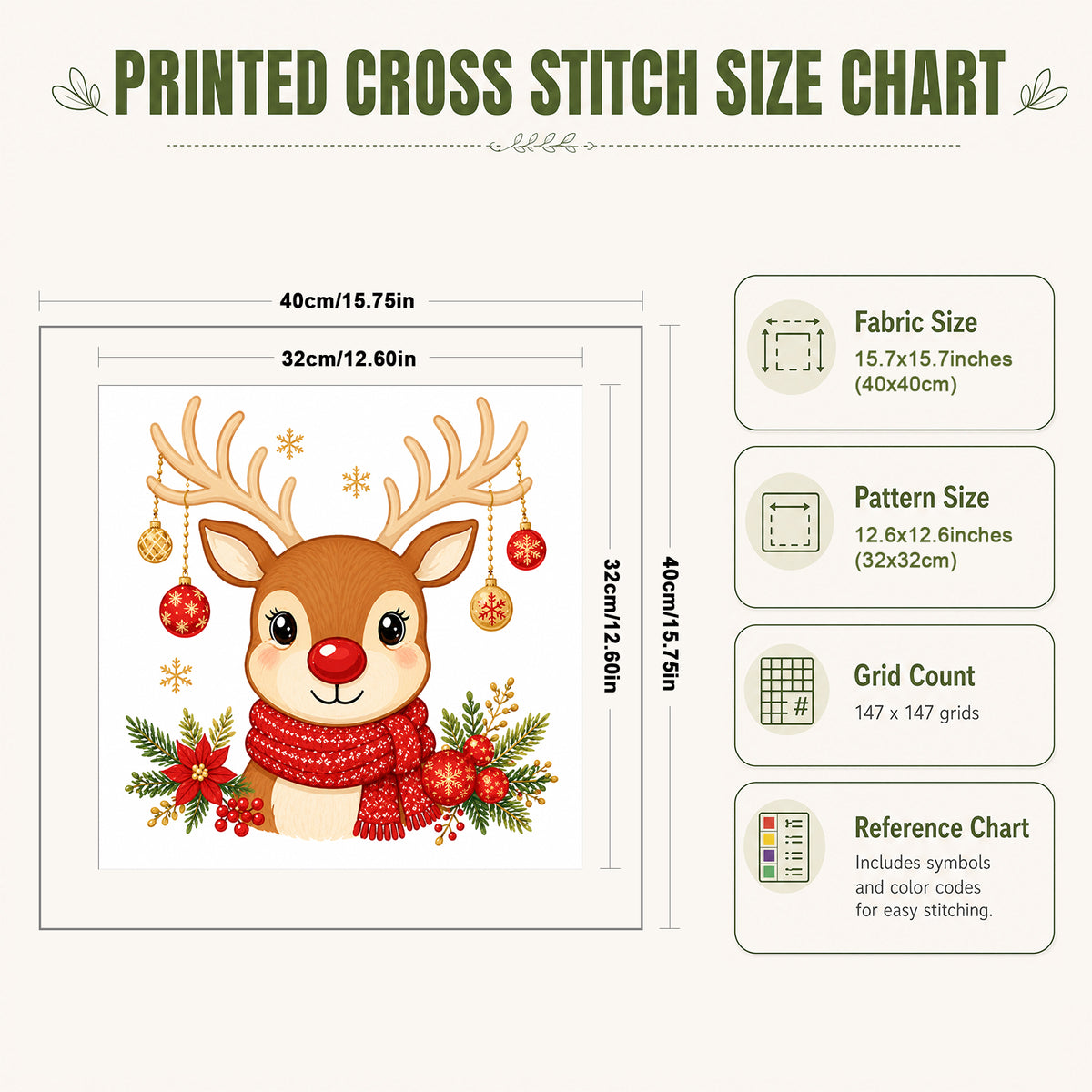 Cute Christmas Elk - Full 11CT Stamped Cross Stitch 40x40CM - Huacan