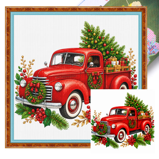 Vintage Red Christmas Truck - Full 11CT Stamped Cross Stitch 40x40CM - Huacan