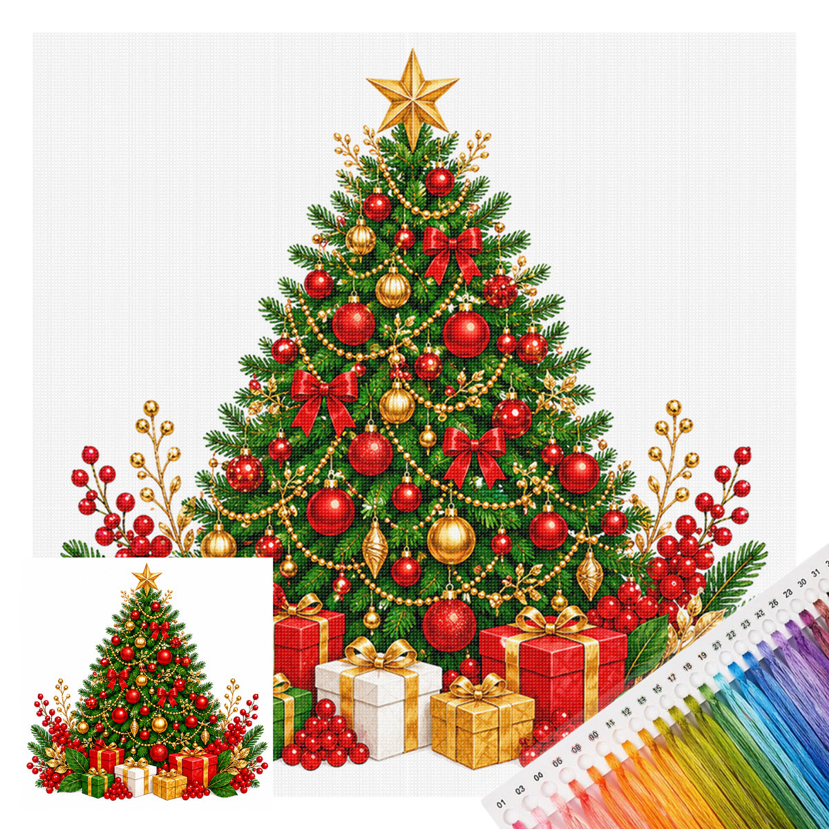 Geschmückter Weihnachtsbaum – Vollständiges 11CT Stanz-Kreuzstich-Set 40x40 cm – Huacan