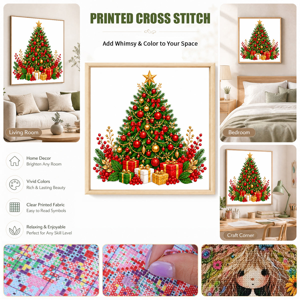 Geschmückter Weihnachtsbaum – Vollständiges 11CT Stanz-Kreuzstich-Set 40x40 cm – Huacan