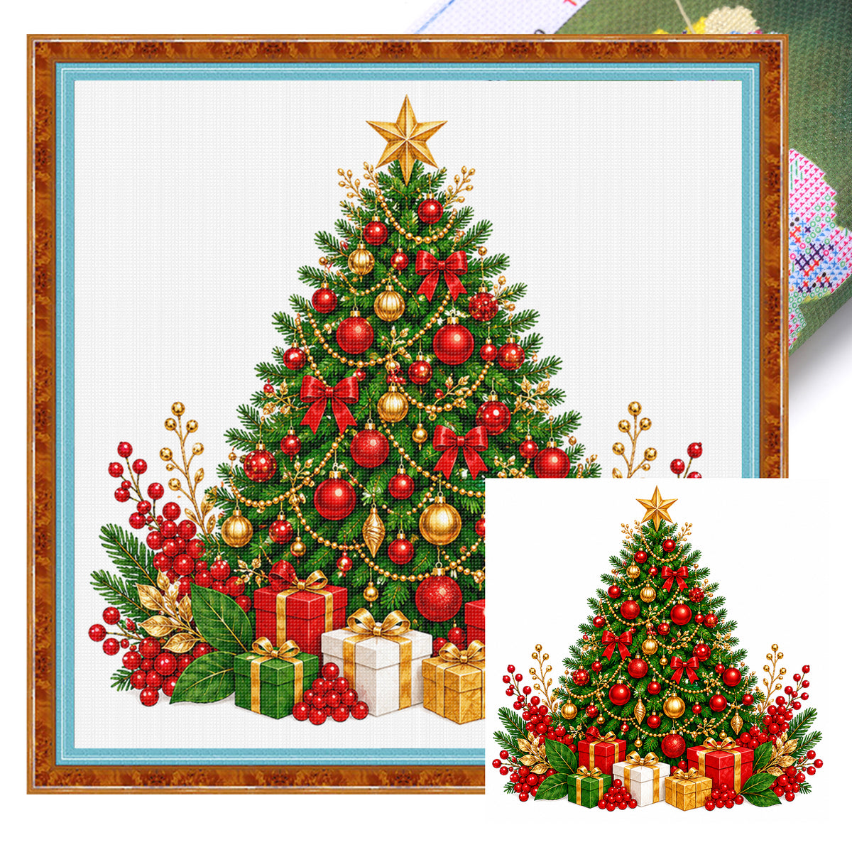 Geschmückter Weihnachtsbaum – Vollständiges 11CT Stanz-Kreuzstich-Set 40x40 cm – Huacan