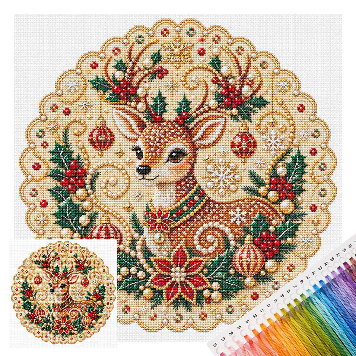 Christmas Reindeer - Full 14CT Stamped Cross Stitch 40x40CM - Huacan