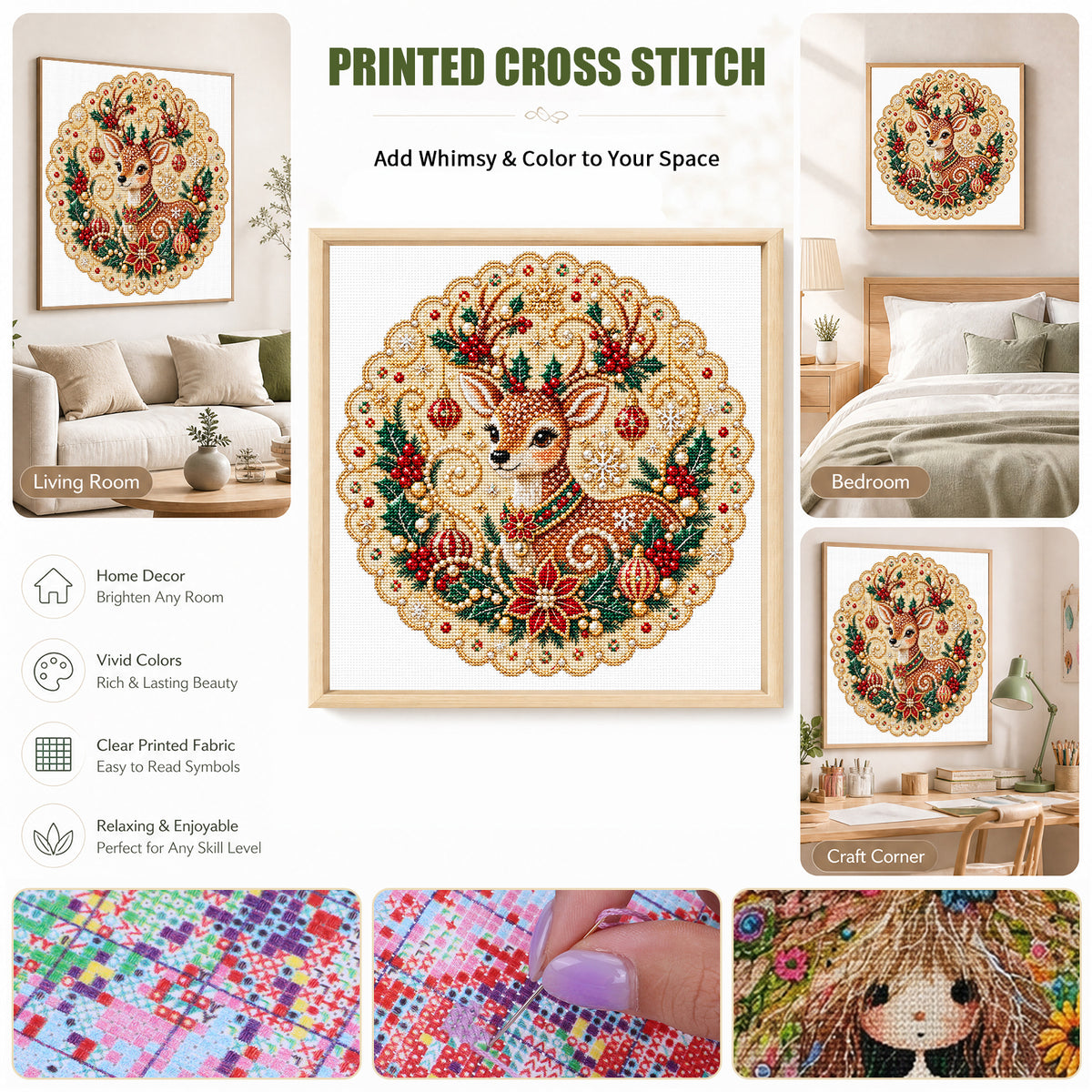 Christmas Reindeer - Full 14CT Stamped Cross Stitch 40x40CM - Huacan