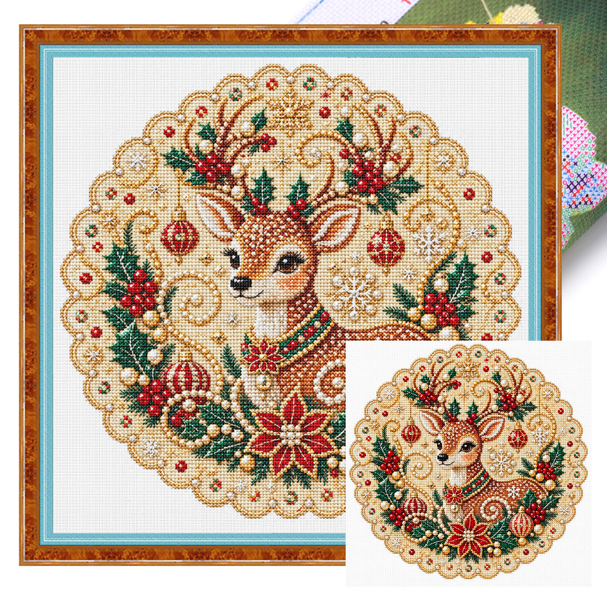 Christmas Reindeer - Full 14CT Stamped Cross Stitch 40x40CM - Huacan