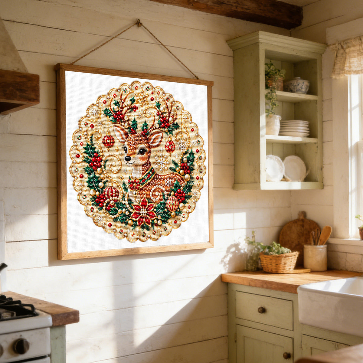 Christmas Reindeer - Full 14CT Stamped Cross Stitch 40x40CM - Huacan