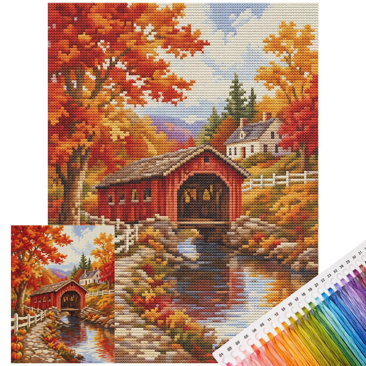 Autumn Bridge - Full 11CT Stamped Cross Stitch 40x53CM - Huacan