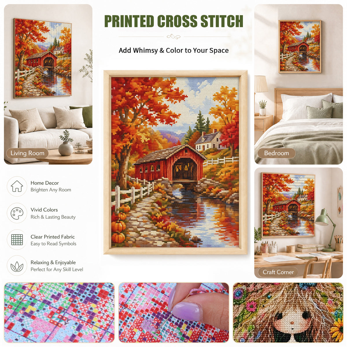 Autumn Bridge - Full 11CT Stamped Cross Stitch 40x53CM - Huacan