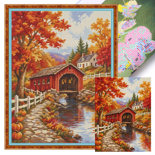 Herbstbrücke – Vollständiges 11CT gestempeltes Kreuzstich-Set 40x53CM – Huacan