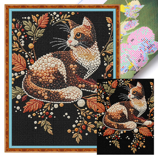 Schwarzer Hintergrund Katze mit Blume - Vollständiges 14CT gestempeltes Kreuzstich-Set 30x40CM - Huacan