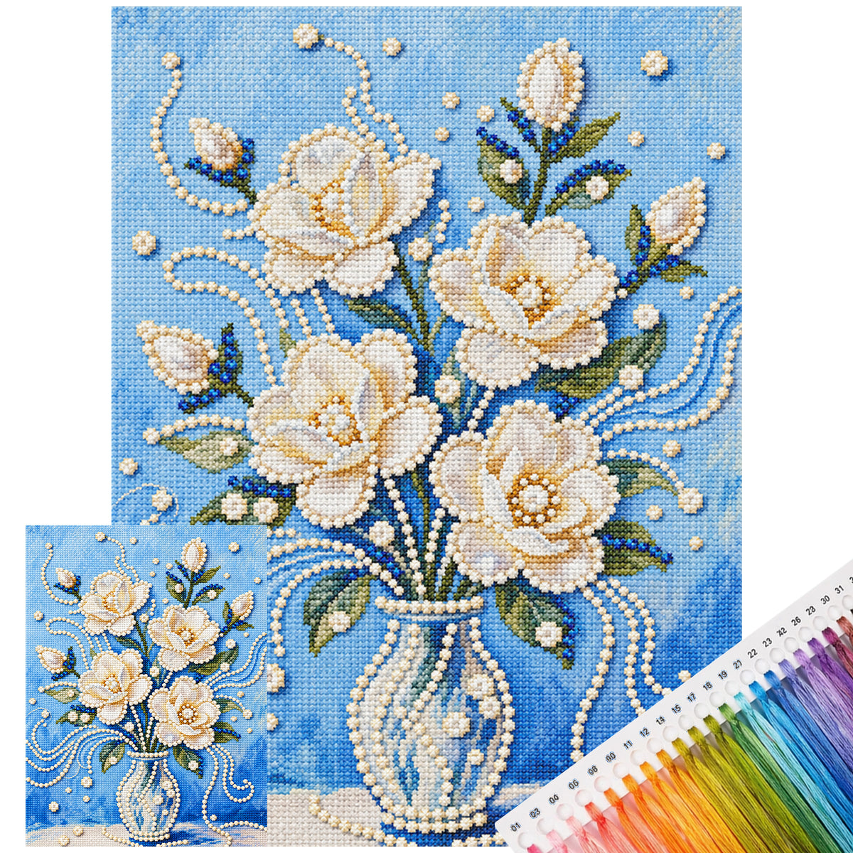 Blauer Hintergrund Weiße Rose - Vollständiges 14CT Stempel-Kreuzstichset 30x40CM - Huacan