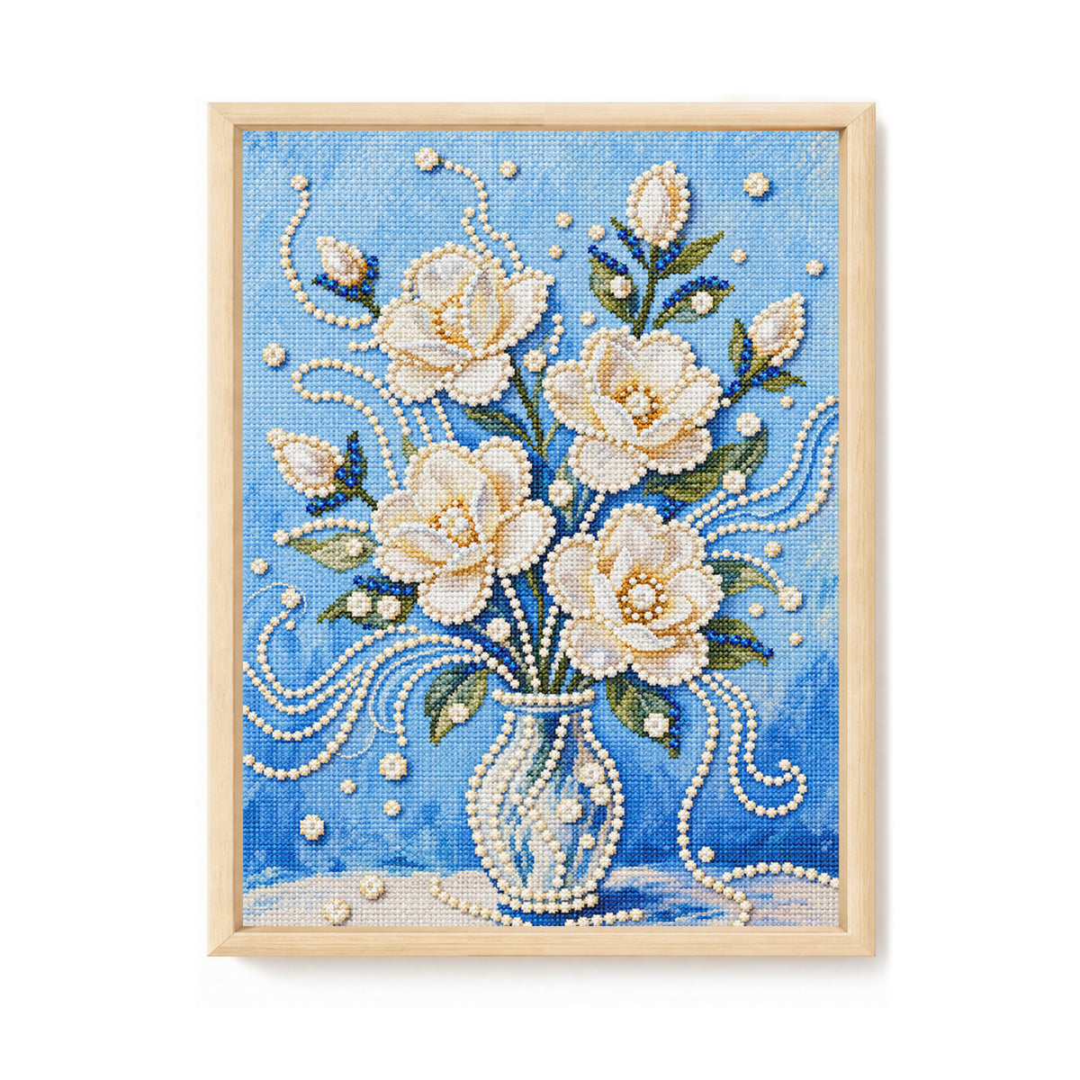 Blauer Hintergrund Weiße Rose - Vollständiges 14CT Stempel-Kreuzstichset 30x40CM - Huacan