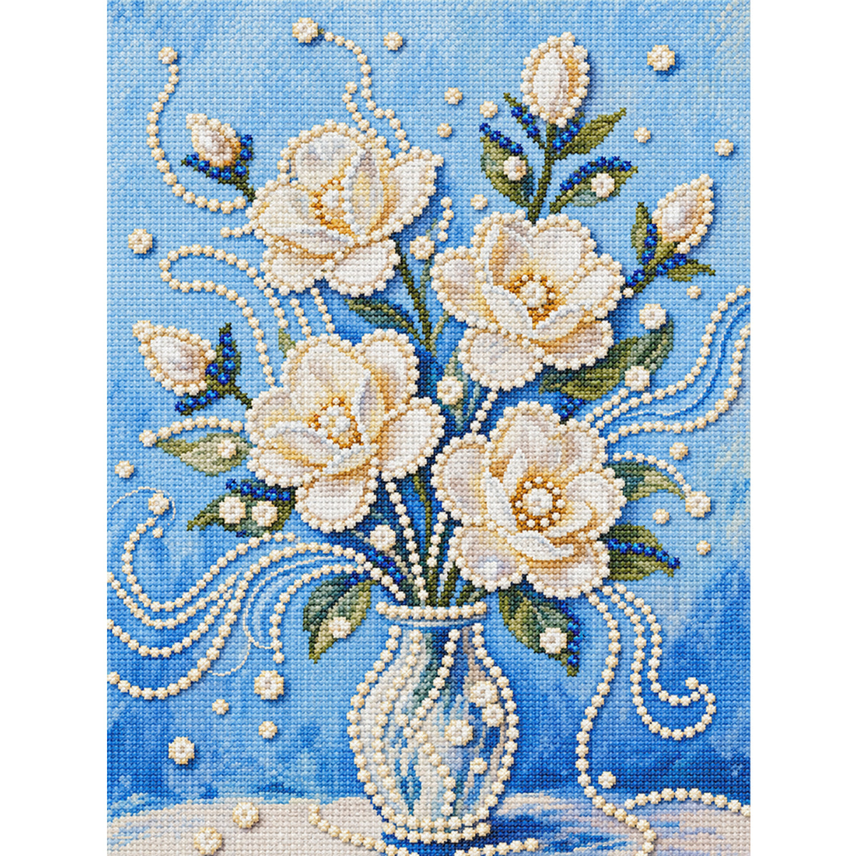 Blauer Hintergrund Weiße Rose - Vollständiges 14CT Stempel-Kreuzstichset 30x40CM - Huacan