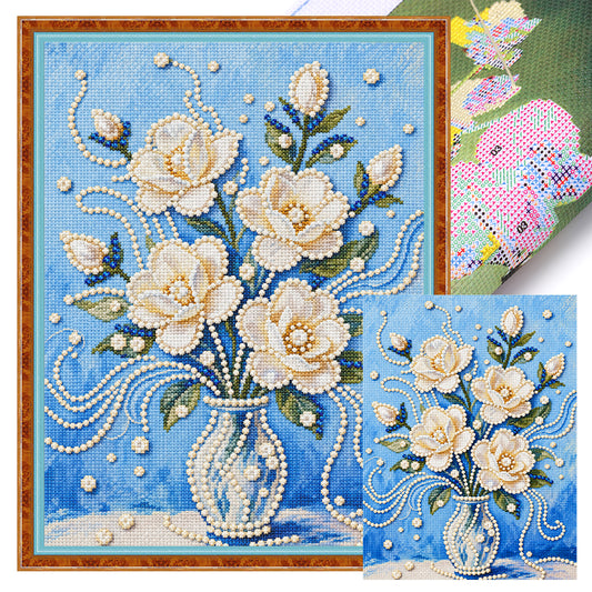 Blauer Hintergrund Weiße Rose - Vollständiges 14CT Stempel-Kreuzstichset 30x40CM - Huacan