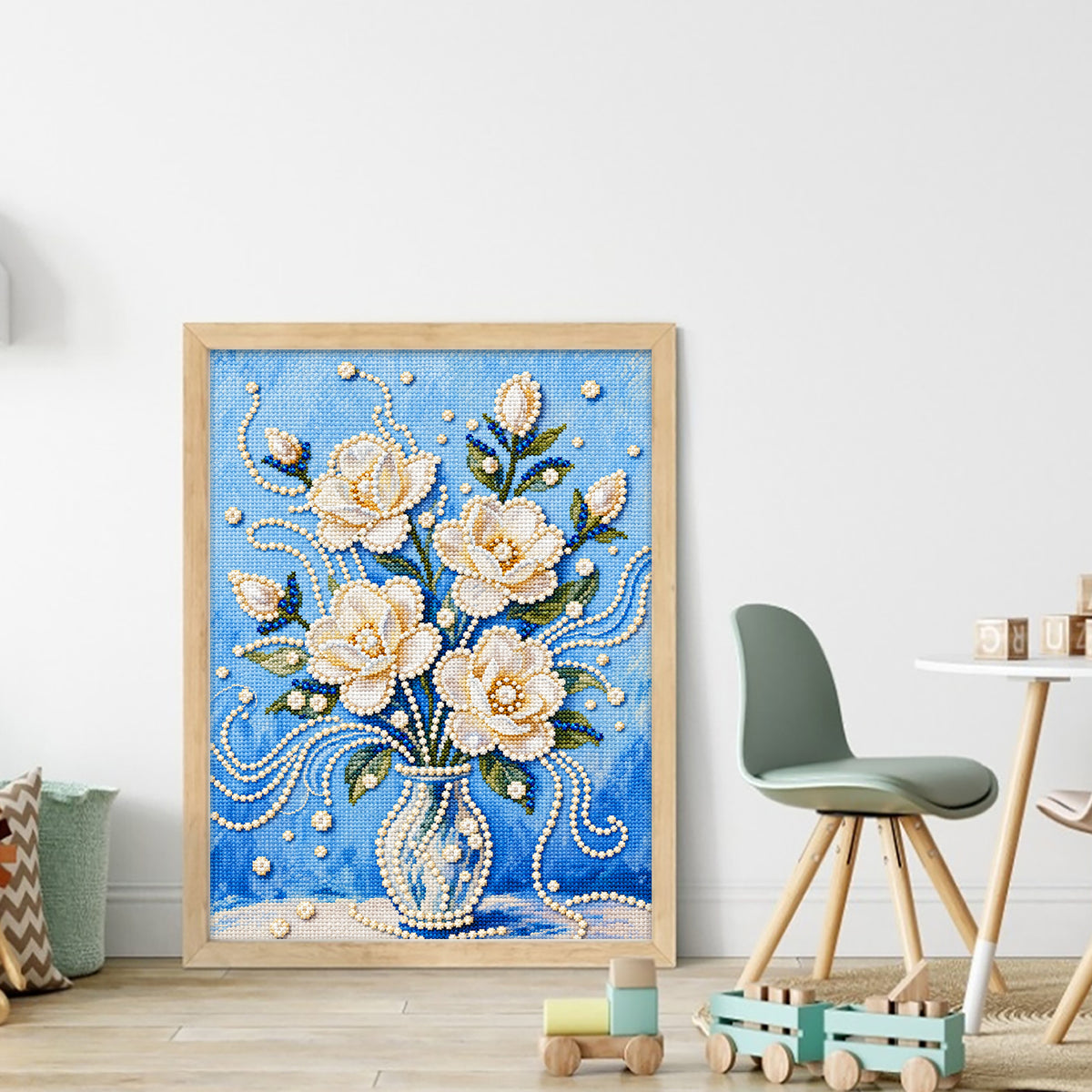Blauer Hintergrund Weiße Rose - Vollständiges 14CT Stempel-Kreuzstichset 30x40CM - Huacan