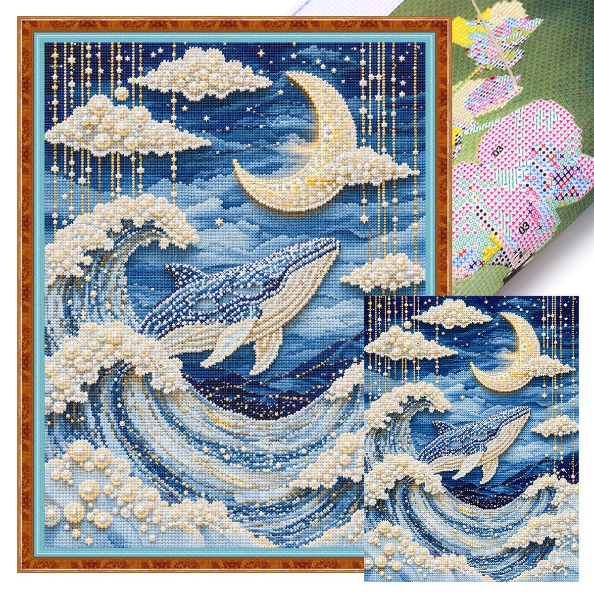 Mondbeschienene Delfinwellen – Vollständiges 14CT gestempeltes Kreuzstich-Set 30x40CM – Huacan