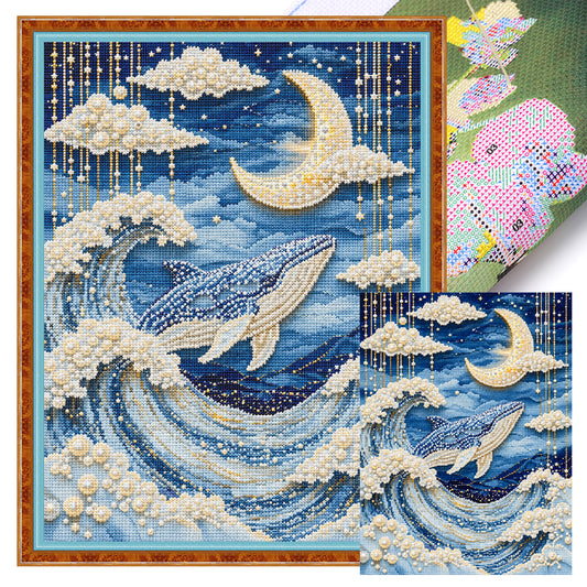 Mondbeschienene Delfinwellen – Vollständiges 14CT gestempeltes Kreuzstich-Set 30x40CM – Huacan