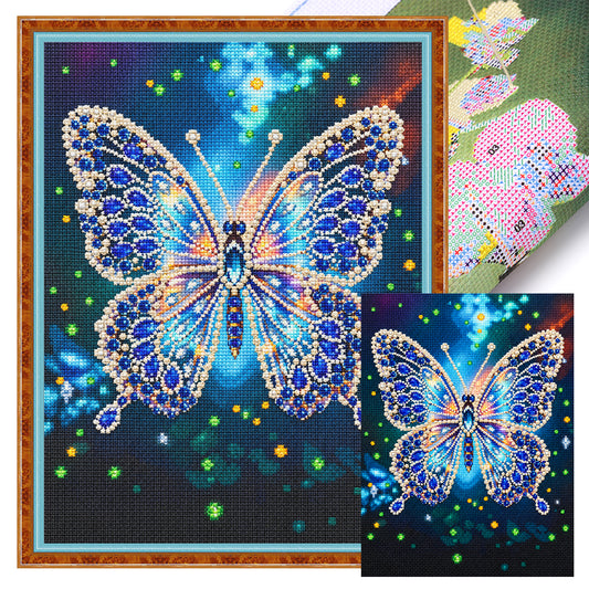 Schillernder blauer Schmetterling - Vollständiges 14CT gestempeltes Kreuzstich-Set 30x40CM - Huacan