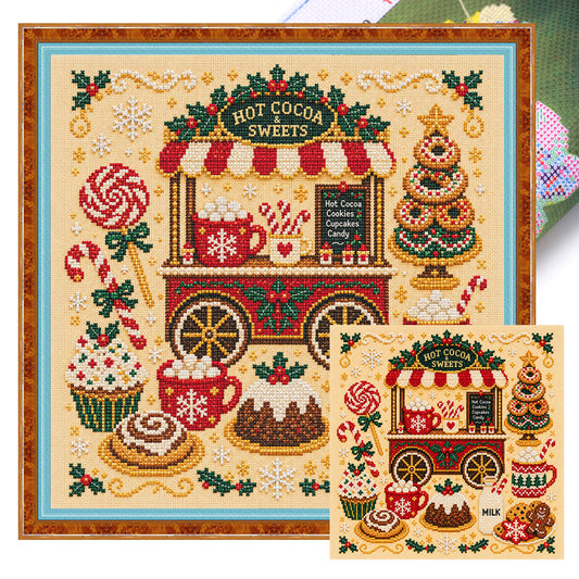 Weihnachts-Kakao-Imbisswagen - Vollständiges 14CT Stempel-Kreuzstichset 40x40CM - Huacan