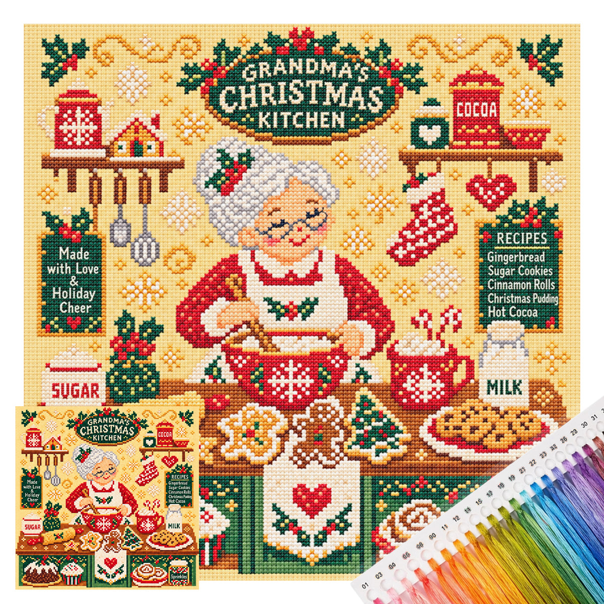 Christmas Grandma Baking Kitchen - Full 14CT Stamped Cross Stitch 40x40CM - Huacan