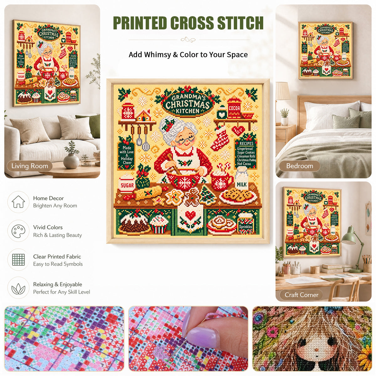 Christmas Grandma Baking Kitchen - Full 14CT Stamped Cross Stitch 40x40CM - Huacan