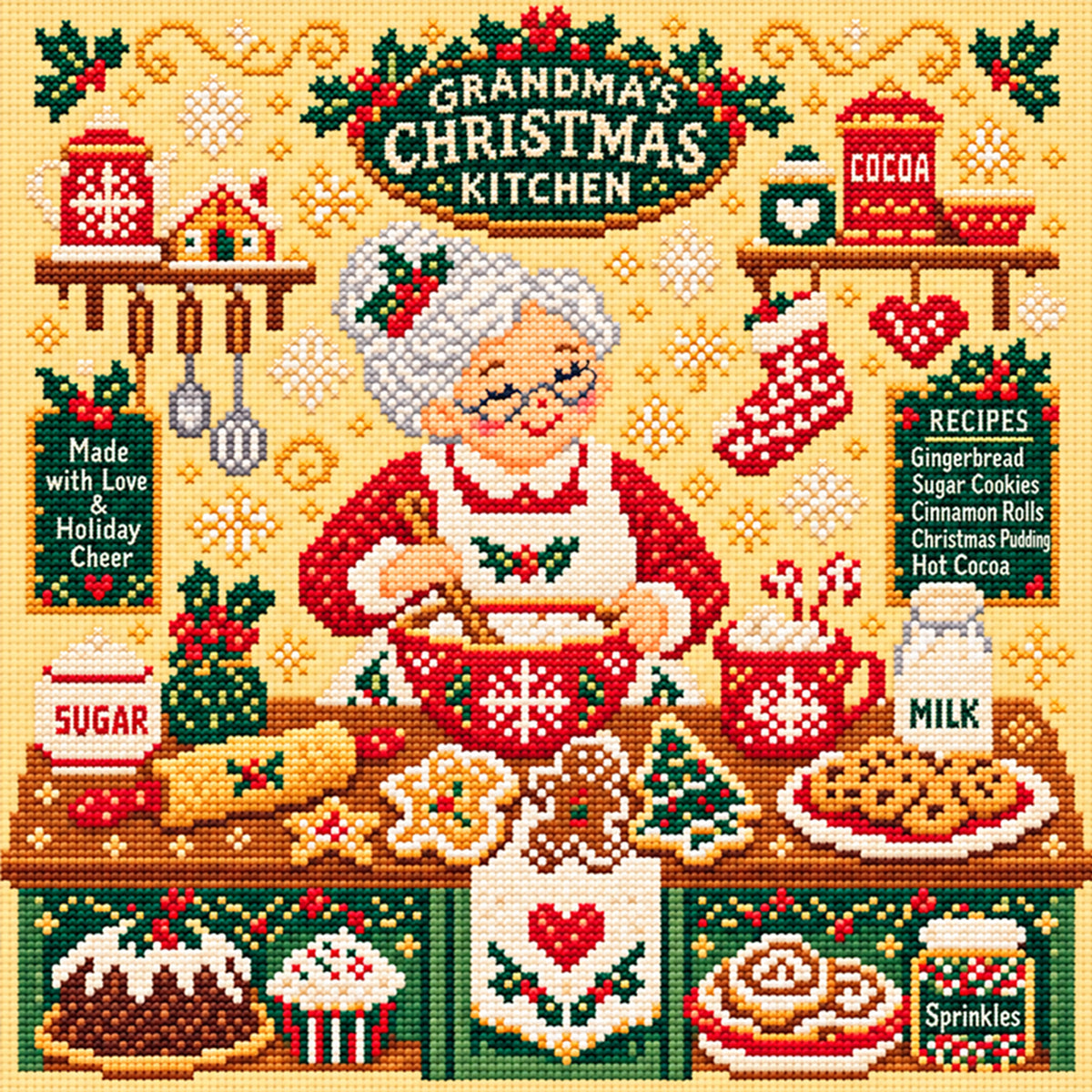 Christmas Grandma Baking Kitchen - Full 14CT Stamped Cross Stitch 40x40CM - Huacan