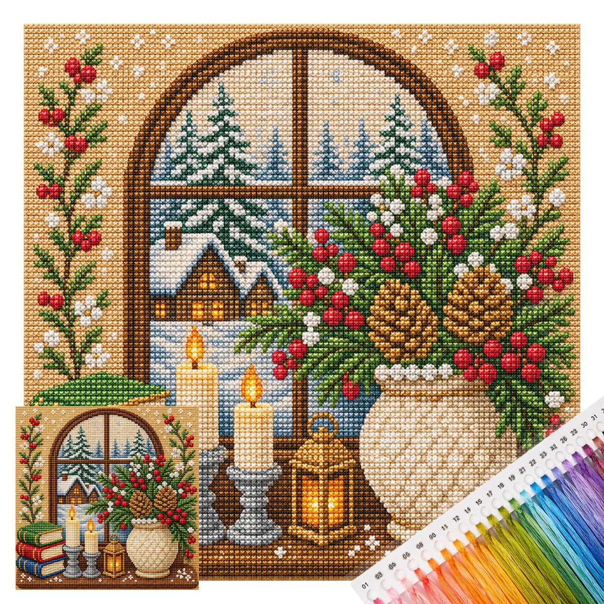 Gemütliches Winterfenster – Vollständiges 11CT-Stempel-Kreuzstich-Set 45x45 cm – Huacan