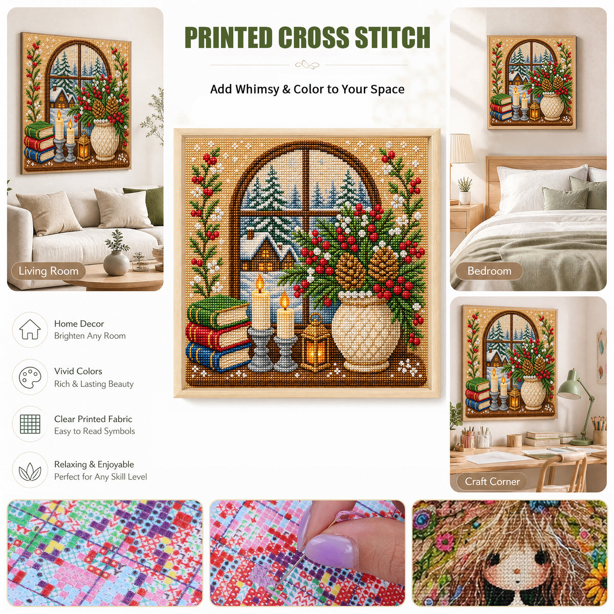 Gemütliches Winterfenster – Vollständiges 11CT-Stempel-Kreuzstich-Set 45x45 cm – Huacan