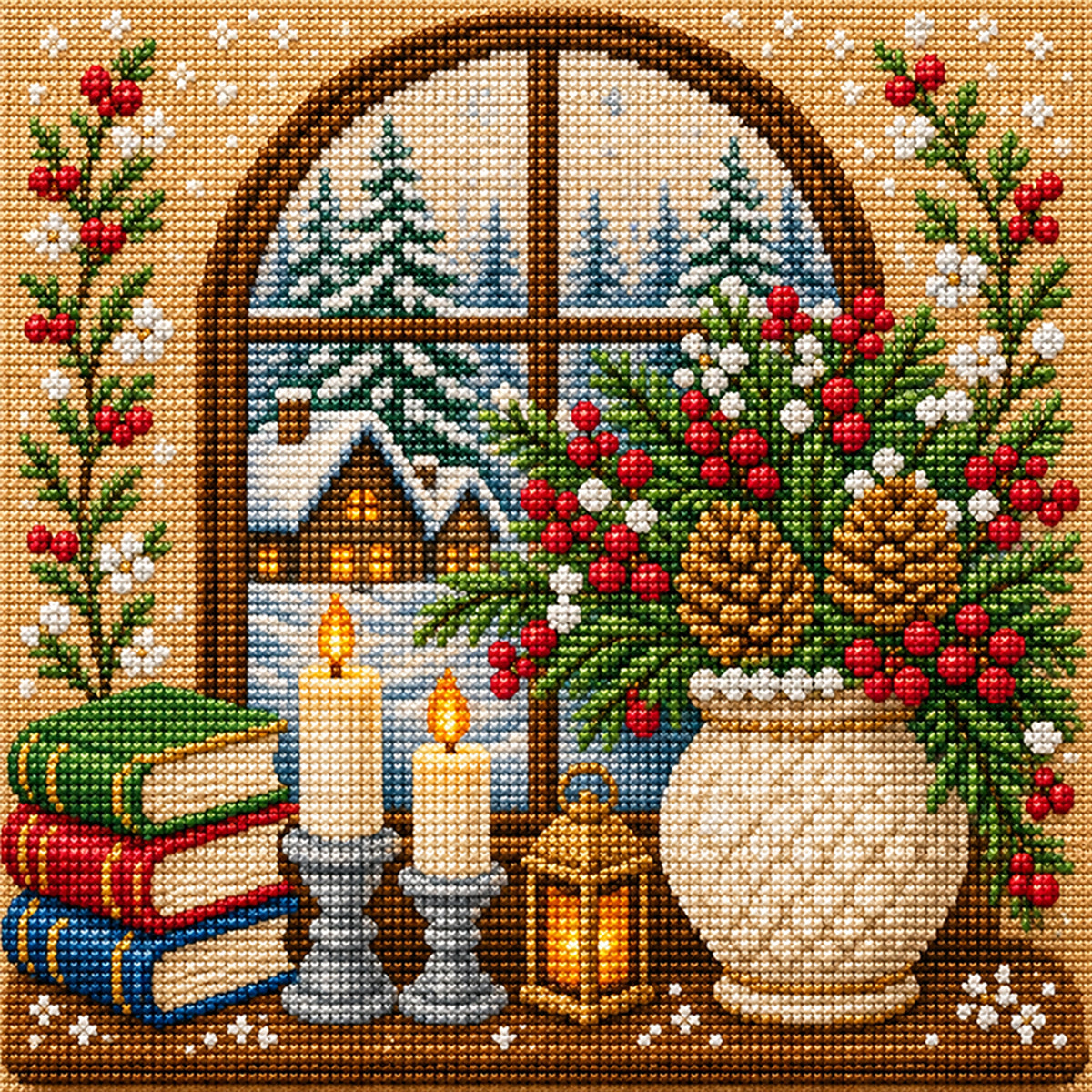 Gemütliches Winterfenster – Vollständiges 11CT-Stempel-Kreuzstich-Set 45x45 cm – Huacan