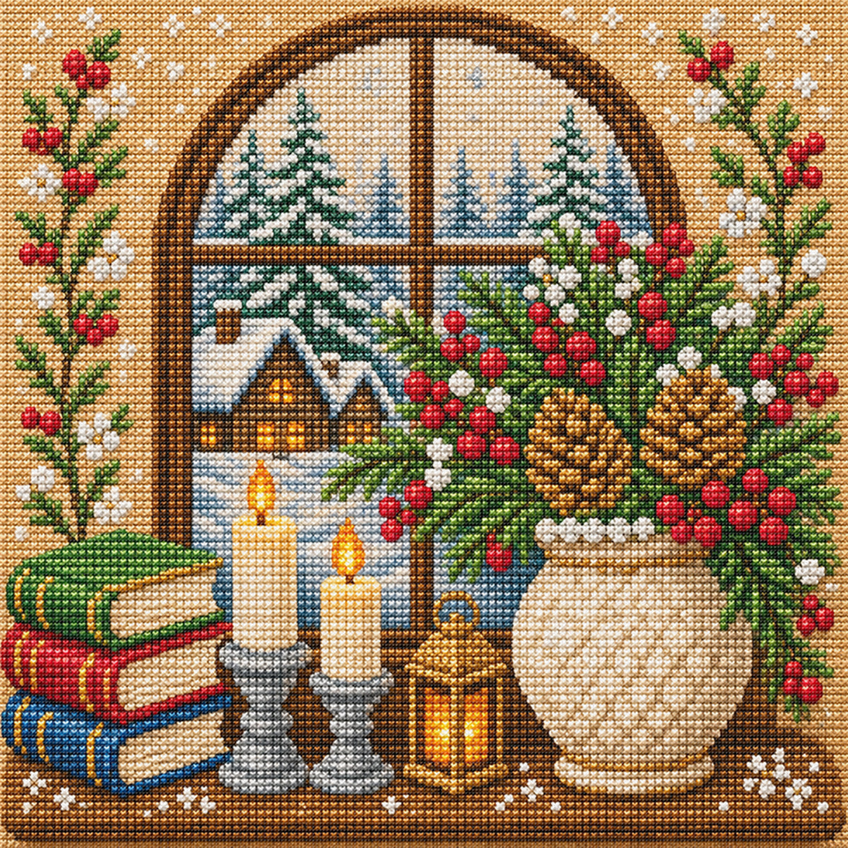 Gemütliches Winterfenster – Vollständiges 11CT-Stempel-Kreuzstich-Set 45x45 cm – Huacan