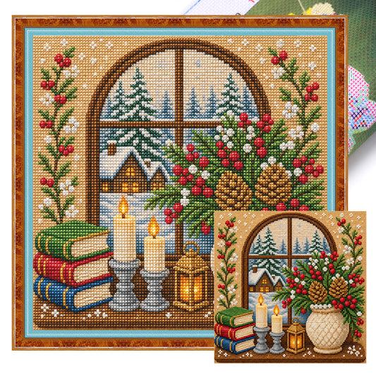 Gemütliches Winterfenster – Vollständiges 11CT-Stempel-Kreuzstich-Set 45x45 cm – Huacan
