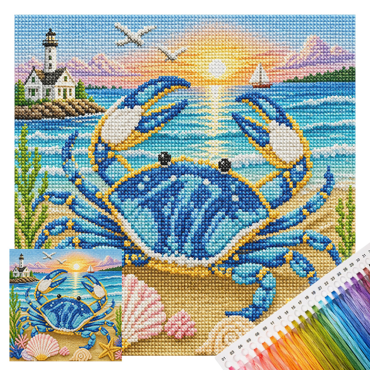 Blue Crab Beach - Full 11CT Stamped Cross Stitch 45x45CM - Huacan