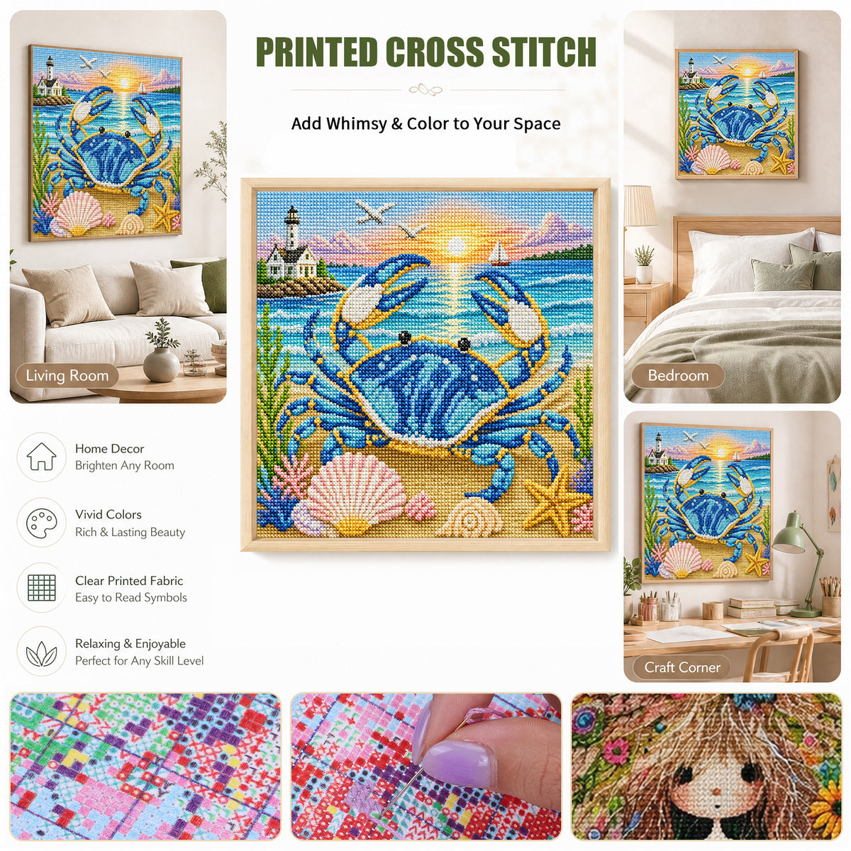 Blue Crab Beach - Full 11CT Stamped Cross Stitch 45x45CM - Huacan