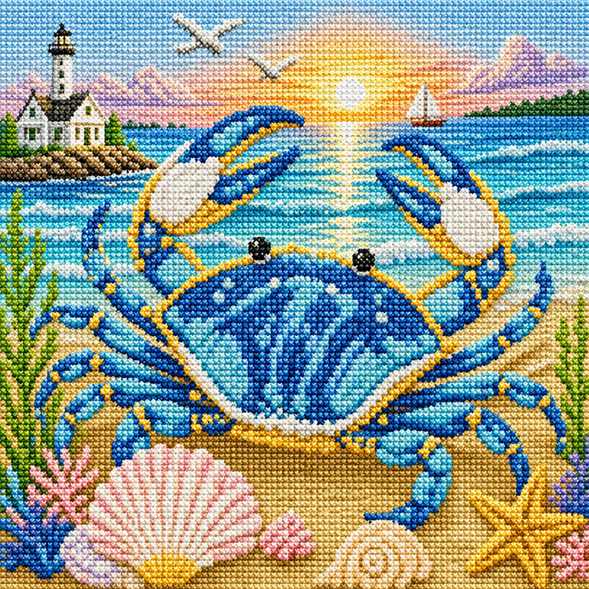 Blue Crab Beach - Full 11CT Stamped Cross Stitch 45x45CM - Huacan