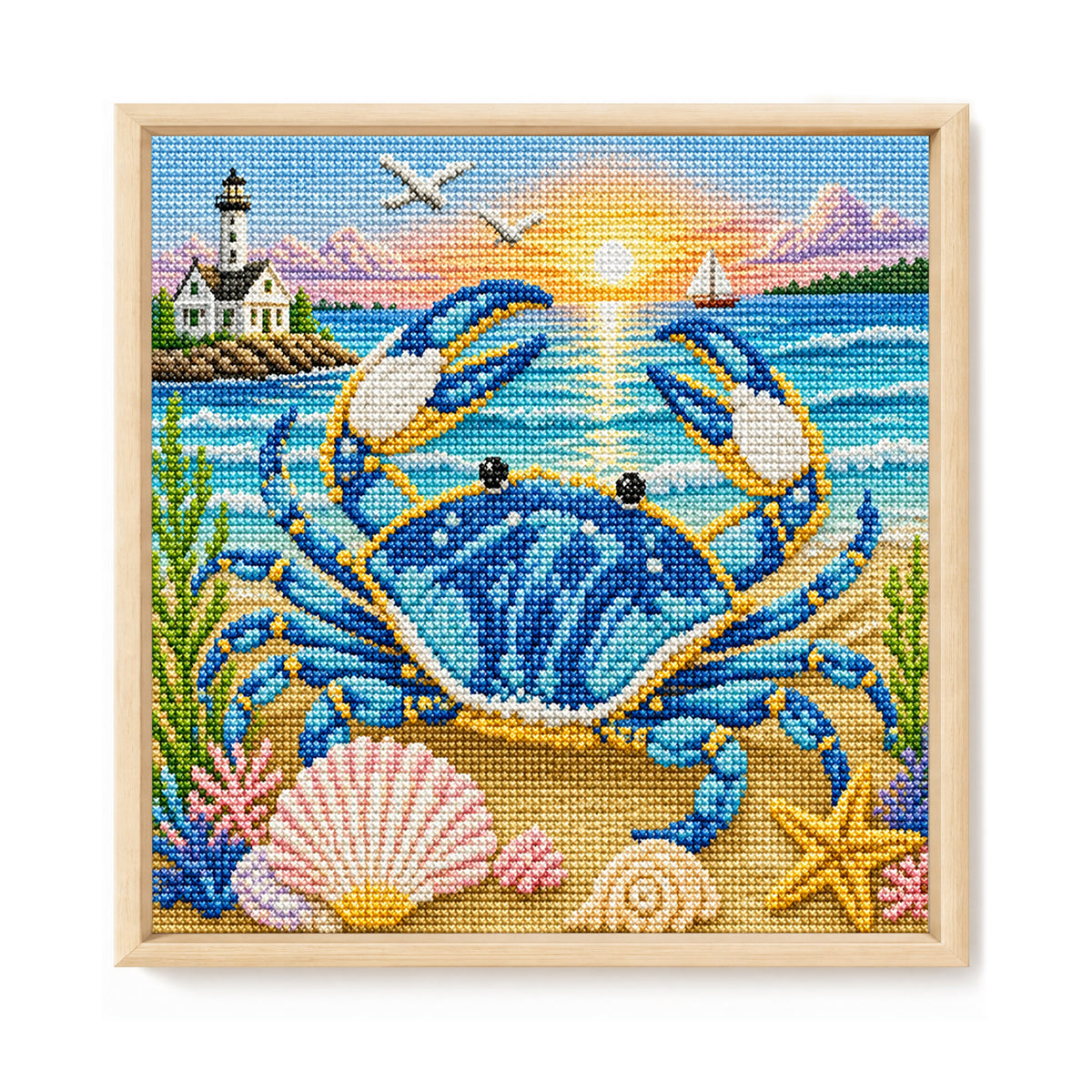 Blue Crab Beach - Full 11CT Stamped Cross Stitch 45x45CM - Huacan