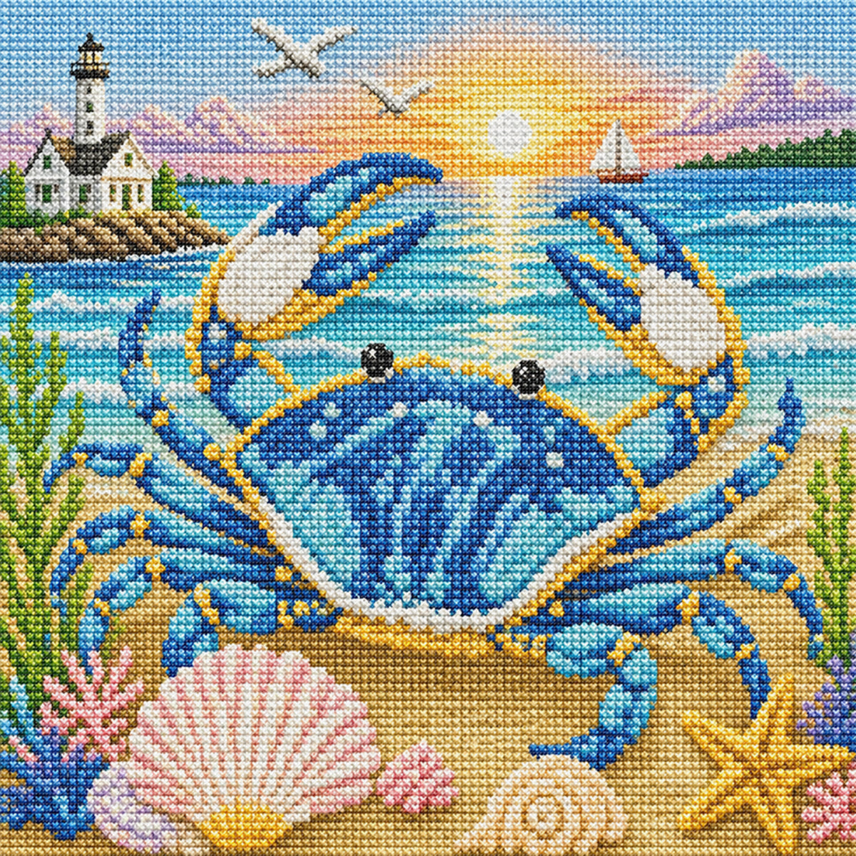 Blue Crab Beach - Full 11CT Stamped Cross Stitch 45x45CM - Huacan