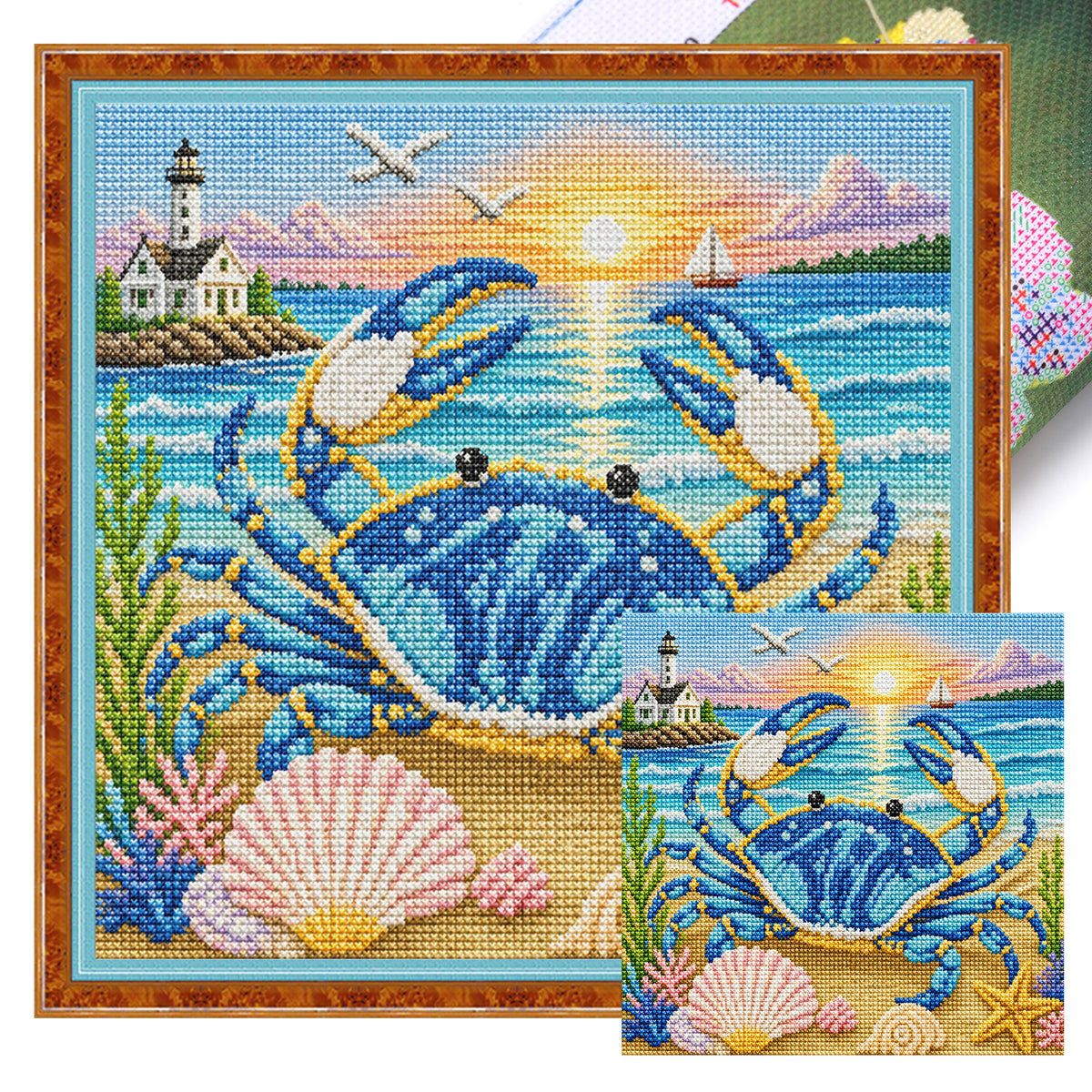 Blue Crab Beach - Full 11CT Stamped Cross Stitch 45x45CM - Huacan
