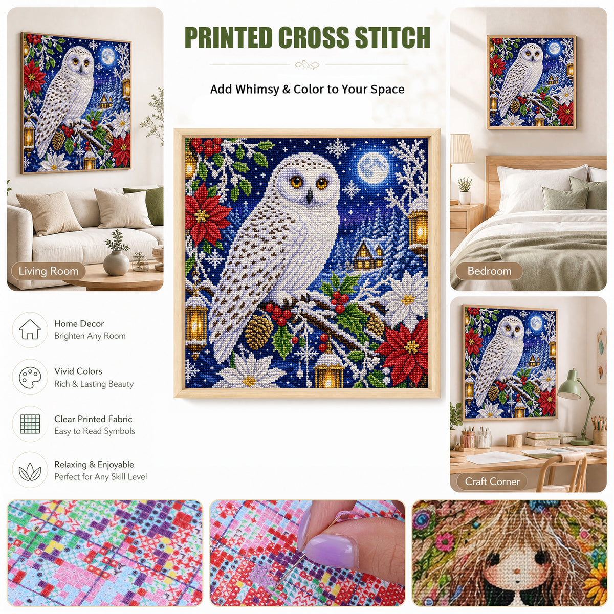 Snowy White Owl - Full 14CT Stamped Cross Stitch 45x45CM - Huacan