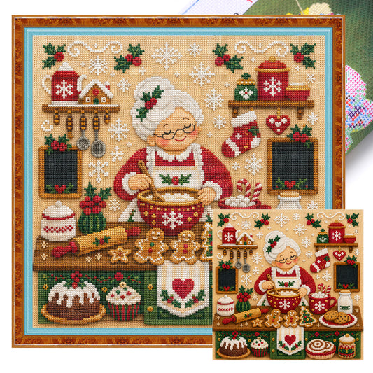 Weihnachtsfrau beim Backen – Komplettes 14CT-Stempel-Kreuzstichset 45x45 cm – Huacan